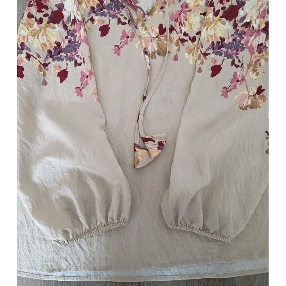 Como Black Woman 2X Floral Tie Neck Blouse Long Sleeve Rayon Beige - Picture 4 of 12